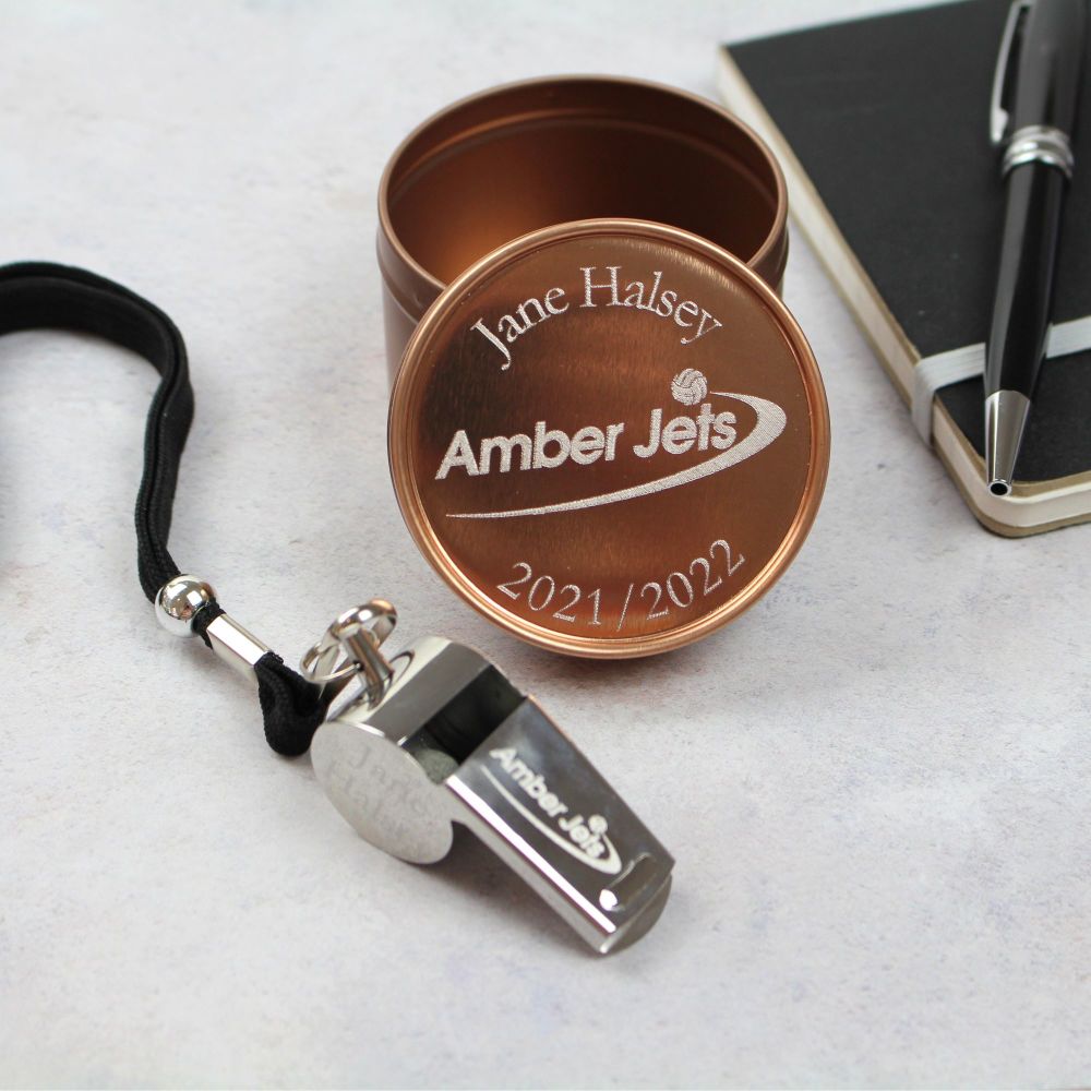 Large Personalised Whistle and Rose Gold Presentation Tin