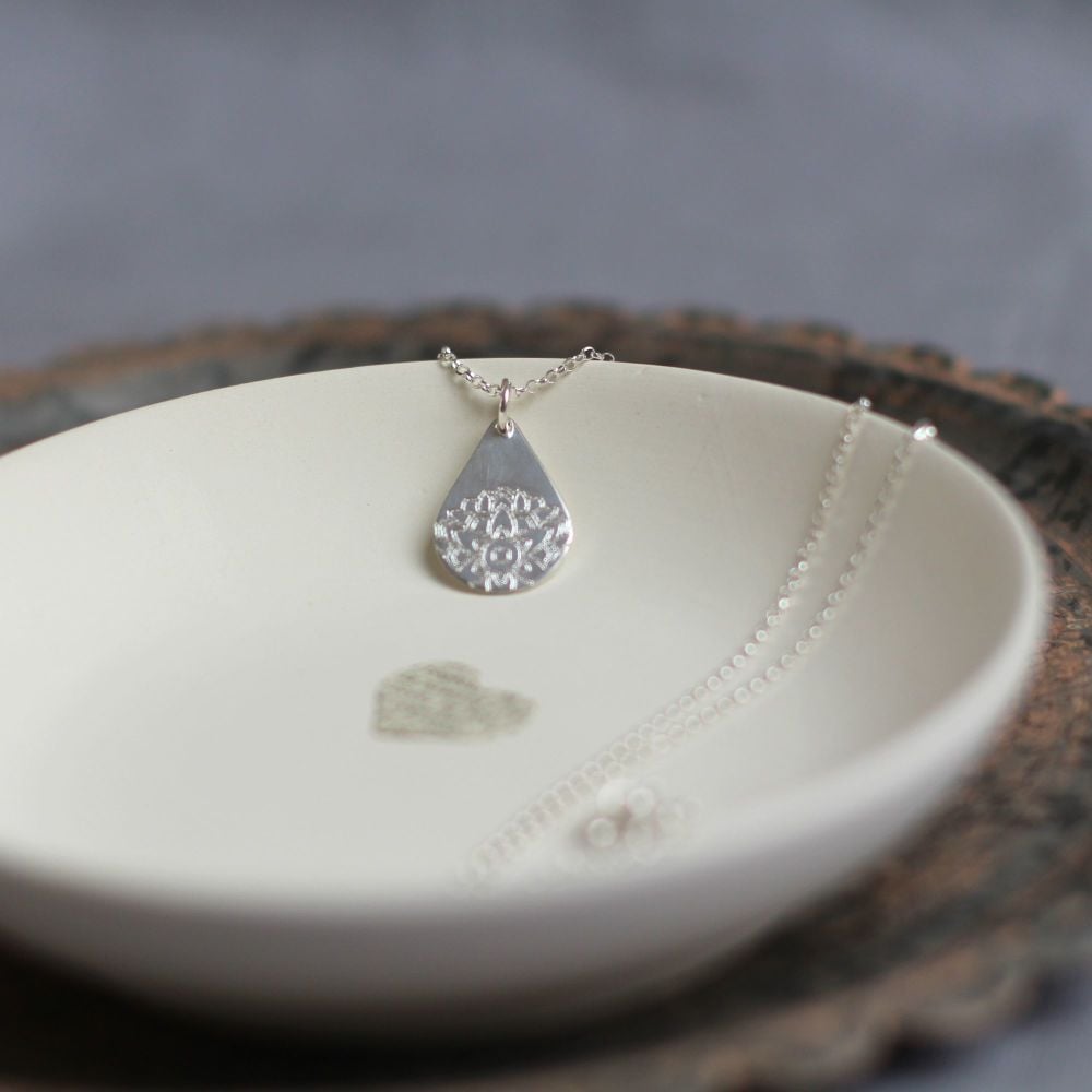 Sterling Silver Large Teardrop Mandala Pendant Necklace