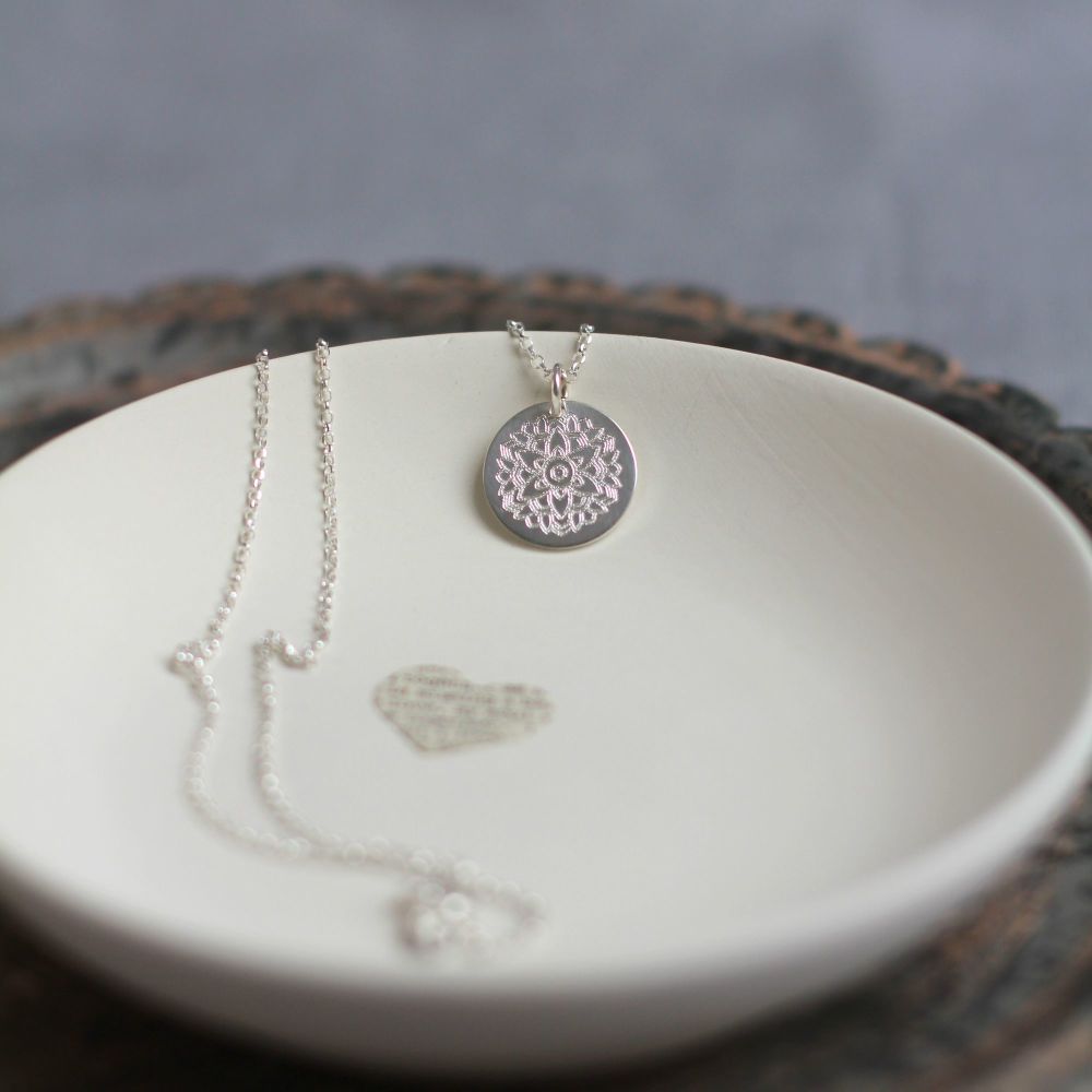 Sterling Silver Large Round Mandala Pendant Necklace
