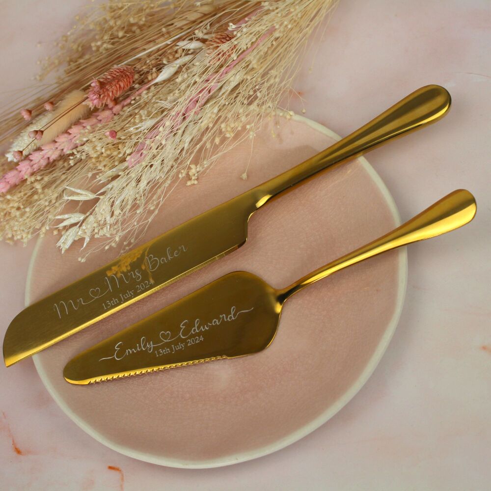 Personalised Gold Wedding Cake Knife and Server Set