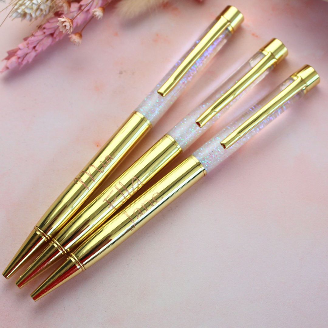 Personalised Engraved Gold White Glitter Sparkle Ballpoint Pen