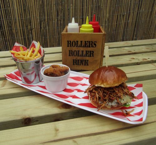 Pulled Pork Burger with Disco Fries &amp; Onion Rings