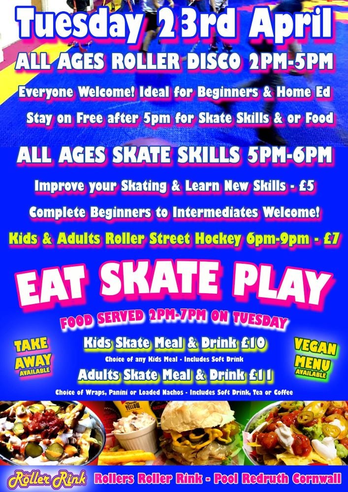 Roller Disco Opening Hours Special Events Tuesday 23rd April Eat Skate Play Hockey Roller Disco Cornwall 2019