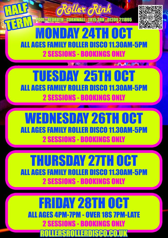 October Half Term Roller Disco Times Cornwall 2022