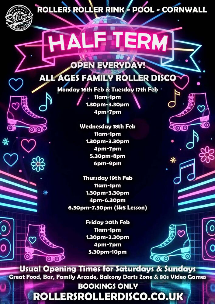 Half Term Roller Disco times Cornwall - Feb 2026