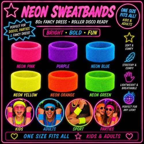 1980s Style Neon Sweatbands / Wristbands (1 x pair)