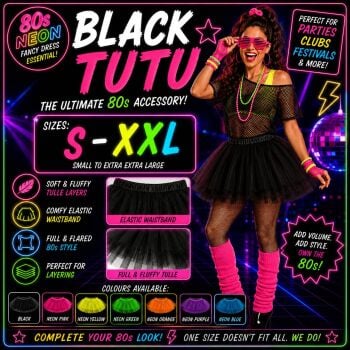 80s Fancy Dress Tutu - Black - Sizes S-XXL