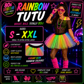 80s Fancy Dress Tutu - Neon Rainbow Colours Sizes Kids-Adults XXL