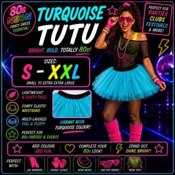 80s Fancy Dress Tutu -Turquoise -Neon Blue - Sizes S-XXL