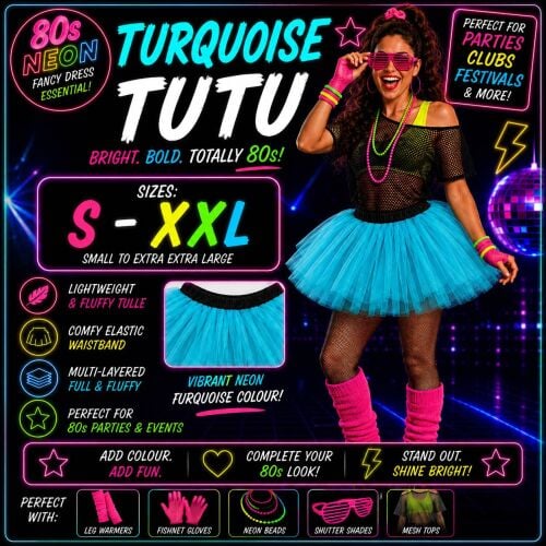 80s Fancy Dress Tutu -Turquoise -Neon Blue - Sizes S-XXL