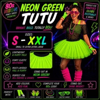 80s Fancy Dress Tutu - Neon Green - Sizes S-XXL