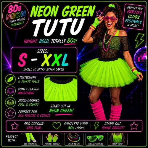80s Fancy Dress Tutu - Neon Green - Sizes S-XXL