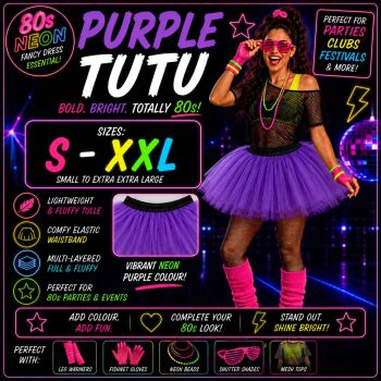 80s Fancy Dress Tutu - Purple - Sizes S-XXL