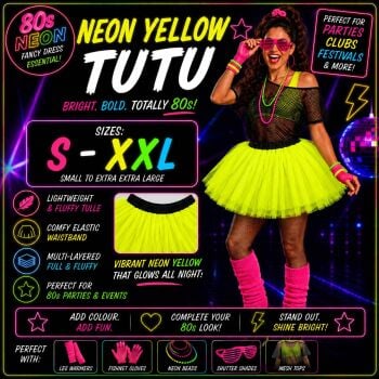 80s Fancy Dress Tutu - Neon Yellow - Sizes S-XXL