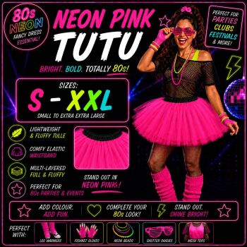 80s Fancy Dress Tutu - Neon Pink - Sizes S-XXL