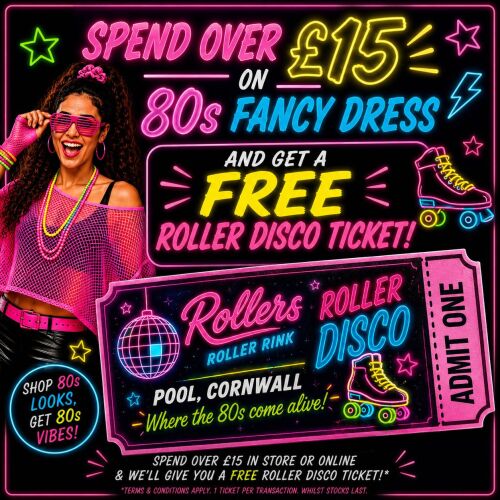 Free Roller Disco when you spend &pound;15 or more on 80s Neon Fancy Dress