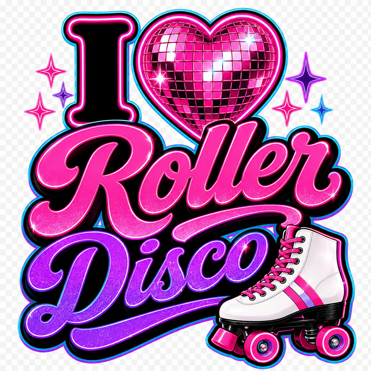 I Love ROLLER DISCO Iron on T Shirt Transfer Multi Coloured
