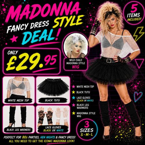 Madonna Style Fancy Dress deal with White Mesh Top