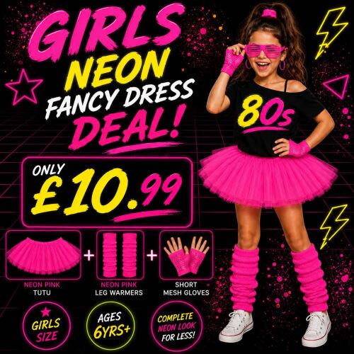 Girls Neon Blue Tutu, Neon Leg Warmers & Mesh Gloves Deal