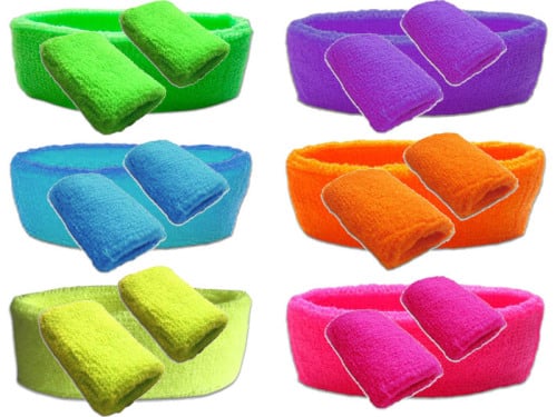 80s Neon Towelling Sweatbands & Headband Set