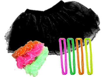 80s Girl Fancy Dress Deal with Tutu, Beads & Scrunchies S-XXL