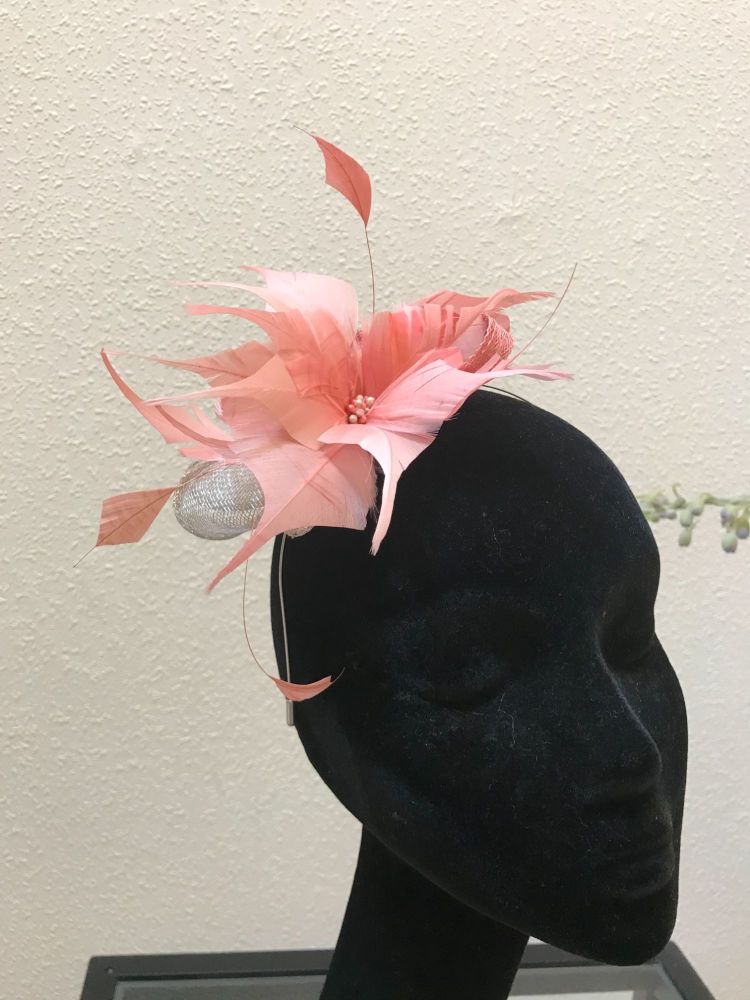 Silver and coral fascinator front