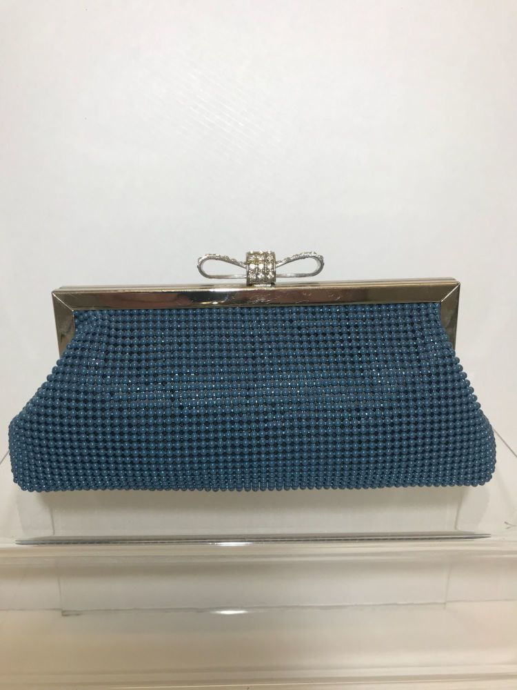 Blue bead effect soft clutch bag with silver diamante clasp