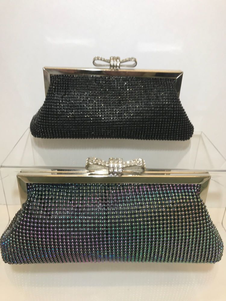 Black or Silver soft clutch bag with silver diamante clasp