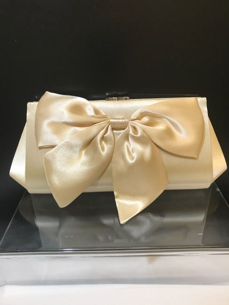 Champagne satin clutch bag with bow detail