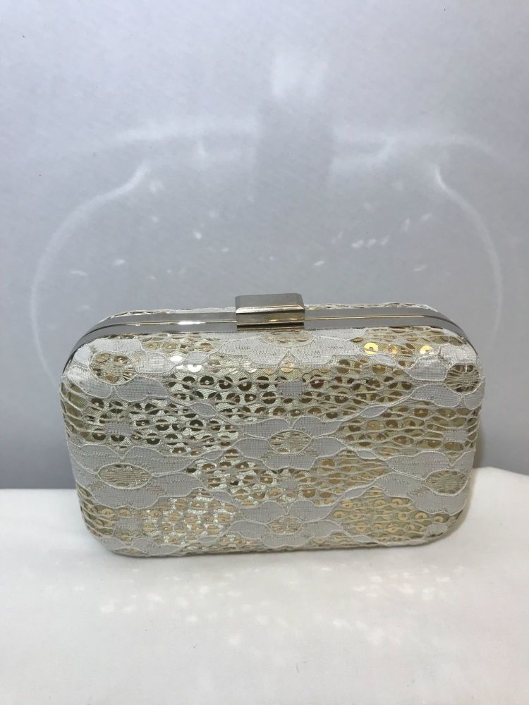 Small cream & gold hard case clutch bag