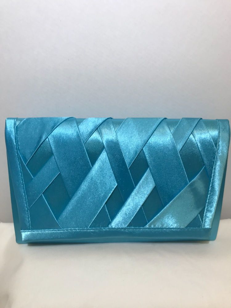 Turquoise satin clutch bag with lattice detail
