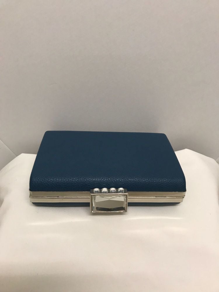 Blue hard case clutch bag with diamante clasp
