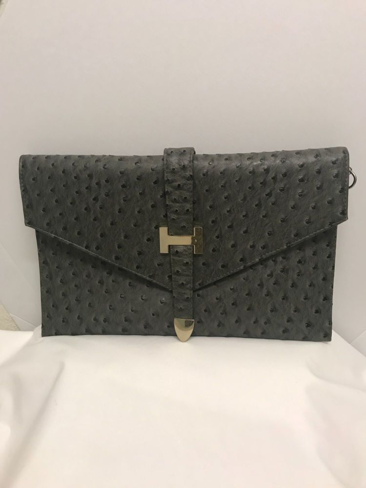 Large grey bag with a gold detachable chain shoulder strap