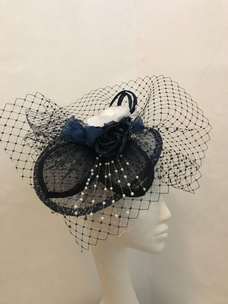 Navy & white fascinator with net