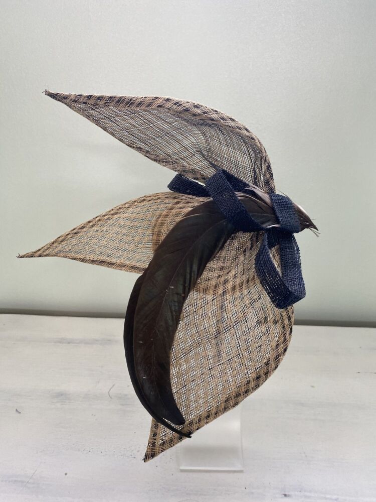 Navy & Tan check handmade fascinator