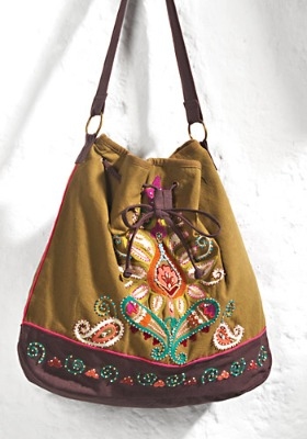 Brown Embroidered Canvas Bag
