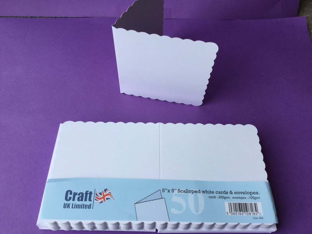Card & Envelope pks 5x5 White Scalloped pk of 50  cards-300gsm,env-100gsm  line no 834