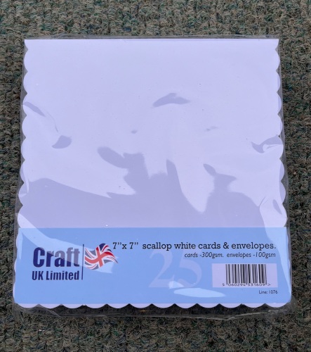 Card & Envelope pks 7x7 White Scallop pk of 25  cards-300gsm, env-100gsm,  line no 1076