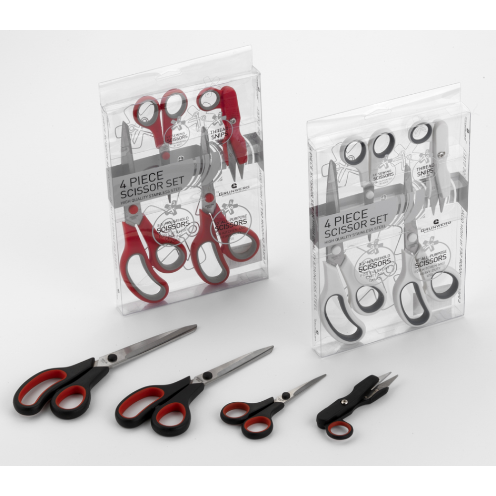 4 piece Scissor set Comprises of 5.5" sewing scissors, thread snips, 8.5" household scissors, 10" all-purpose scissors.