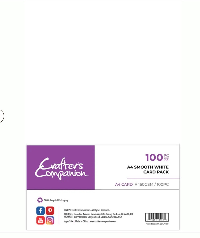 Crafters Companion A4 smooth white card, 160gsm, 100pc.
