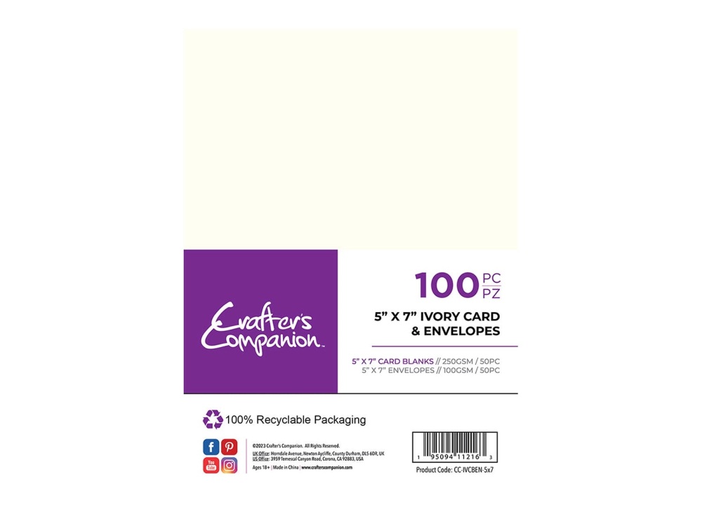 5 X 7 IVORY CARD AND ENVELOPES , CRAFTERS COMPANION 250gsm cards , 100 gsm envelopes