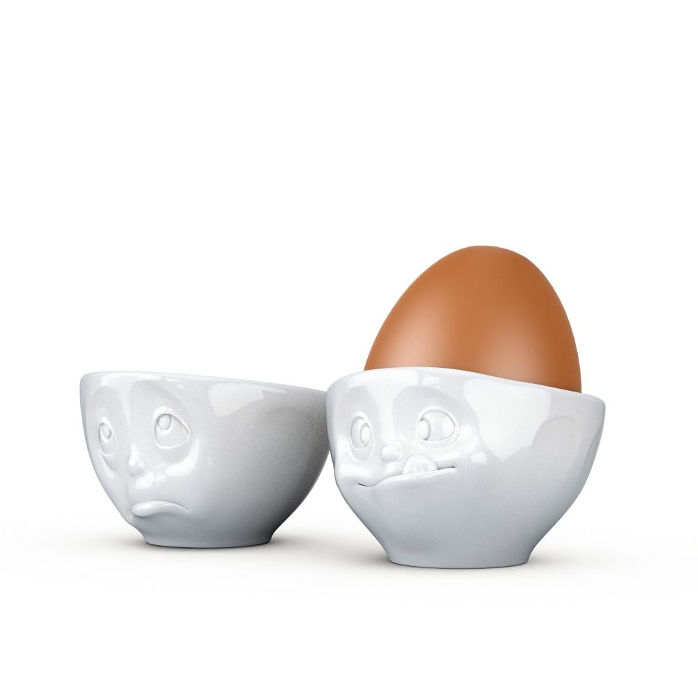 White Porcelain Egg Cups (2) 'Oh Please' & 'Tasty'