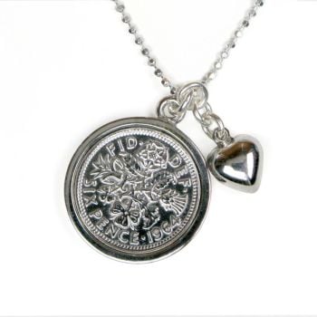 Silver Necklace with a Lucky Sixpence and a Heart Charm