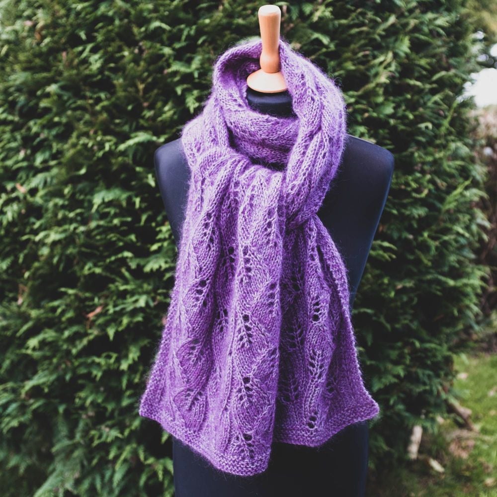 Luxury Hand Knit 'Falling Leaves' Scarf - Mohair/Silk/Alpaca/Wool - Purple