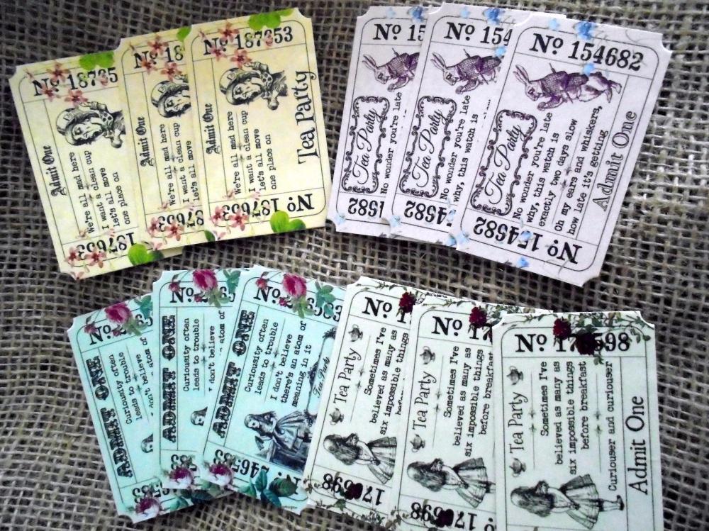 12 Assorted Alice In Wonderland Themed Tea Party 'Admit One' Tickets
