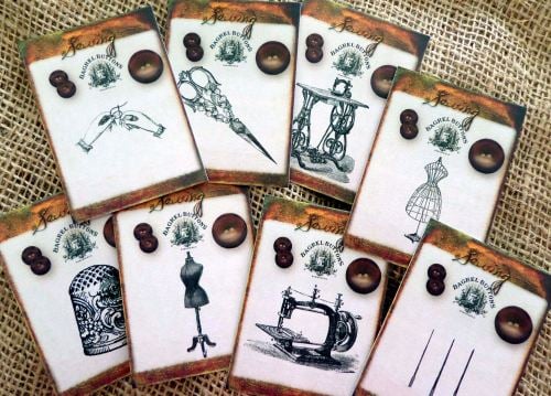 Set of 8 Sewing Themed 'Bagrel Buttons' Tags/Toppers/Embellishments