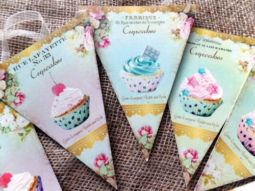 2m French Parisian Style Cupcake Bunting/Banner with Cream Organza Ribbon