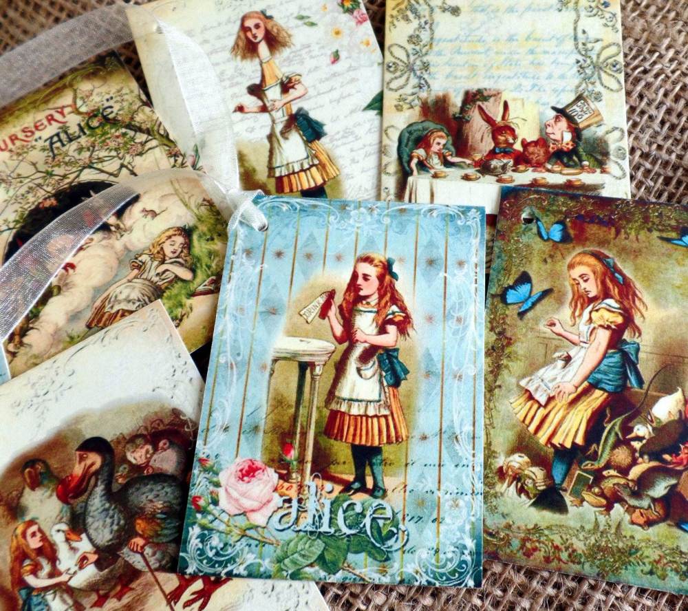 8 Colourful Alice in Wonderland Themed Vintage Style Gift Tags