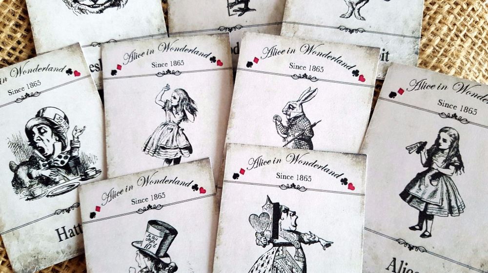 Set of 9 Alice in Wonderland Character Mini Cards/Toppers/Tags