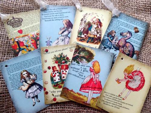 8 Colourful Alice in Wonderland Themed Vintage Style Gift Tags